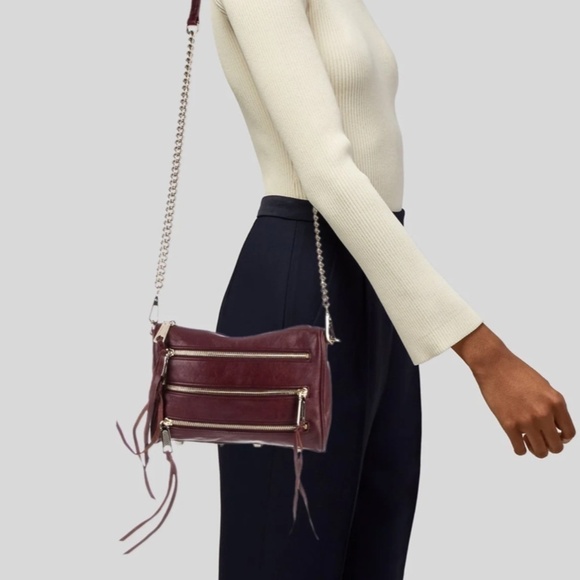 Rebecca Minkoff 5-Zip Mini Crossbody Chain Leather bag in Burgundy Port colour - Picture 1 of 14